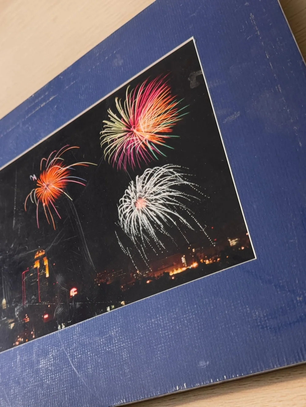 Fireworks Over City Skyline Matted Photograph Blue Mat 10x12 Wall Art